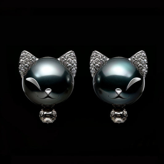 Dark Pearl Kitty Earrings