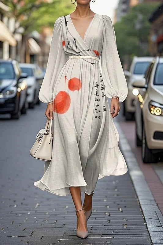 Simple White Print Side Open draping Chiffon holiday dress