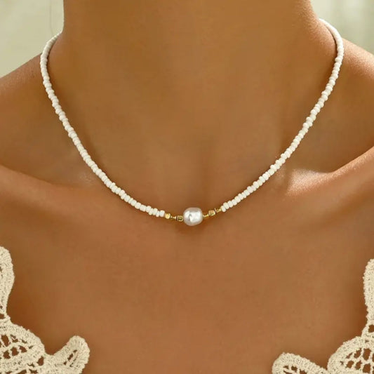 White Stone & Pearl Necklace